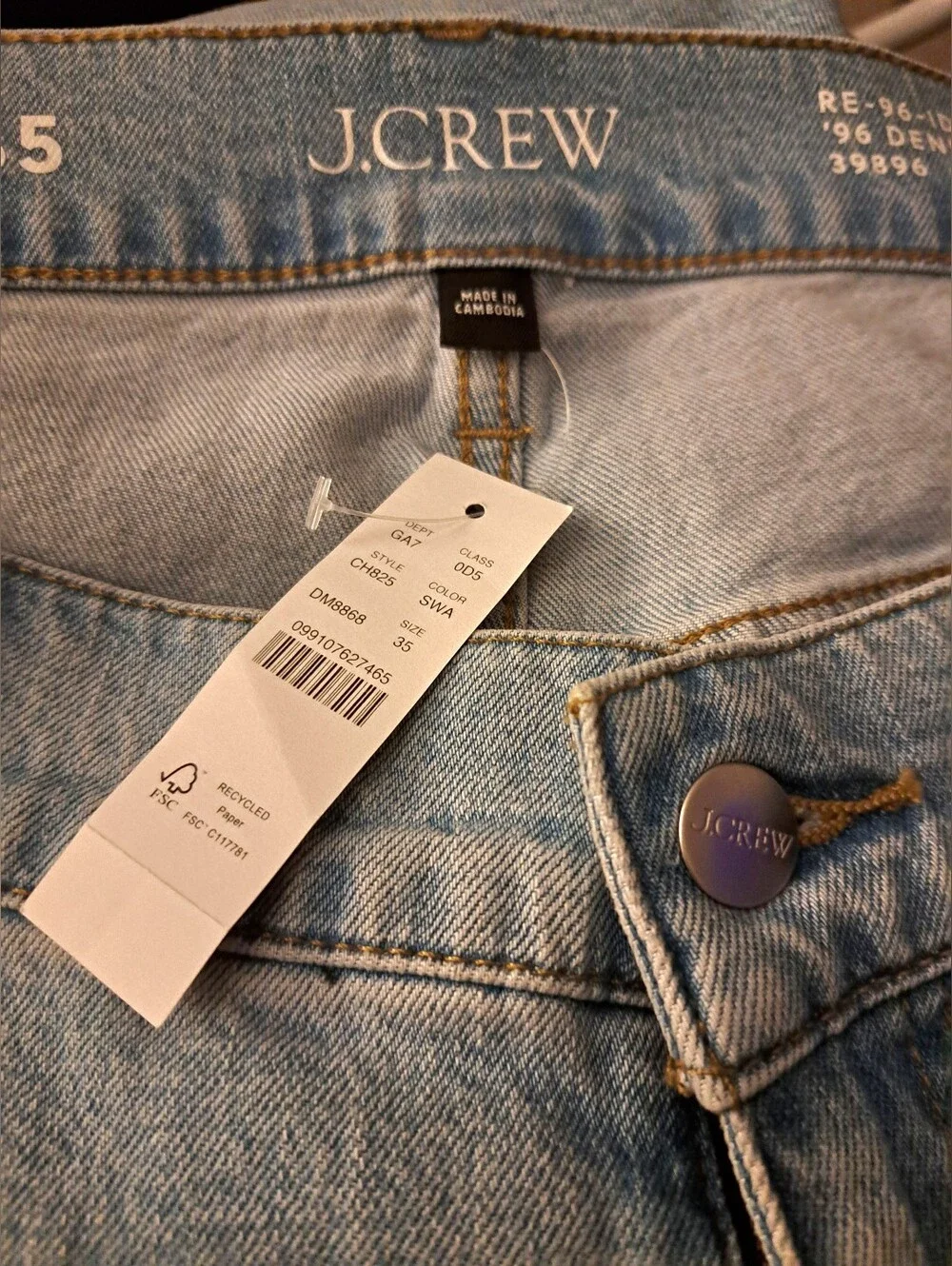 J. CREW re-imagined denim RE-96-lDG TROUSERS brand new JEANS size 35 LIGHT WASH